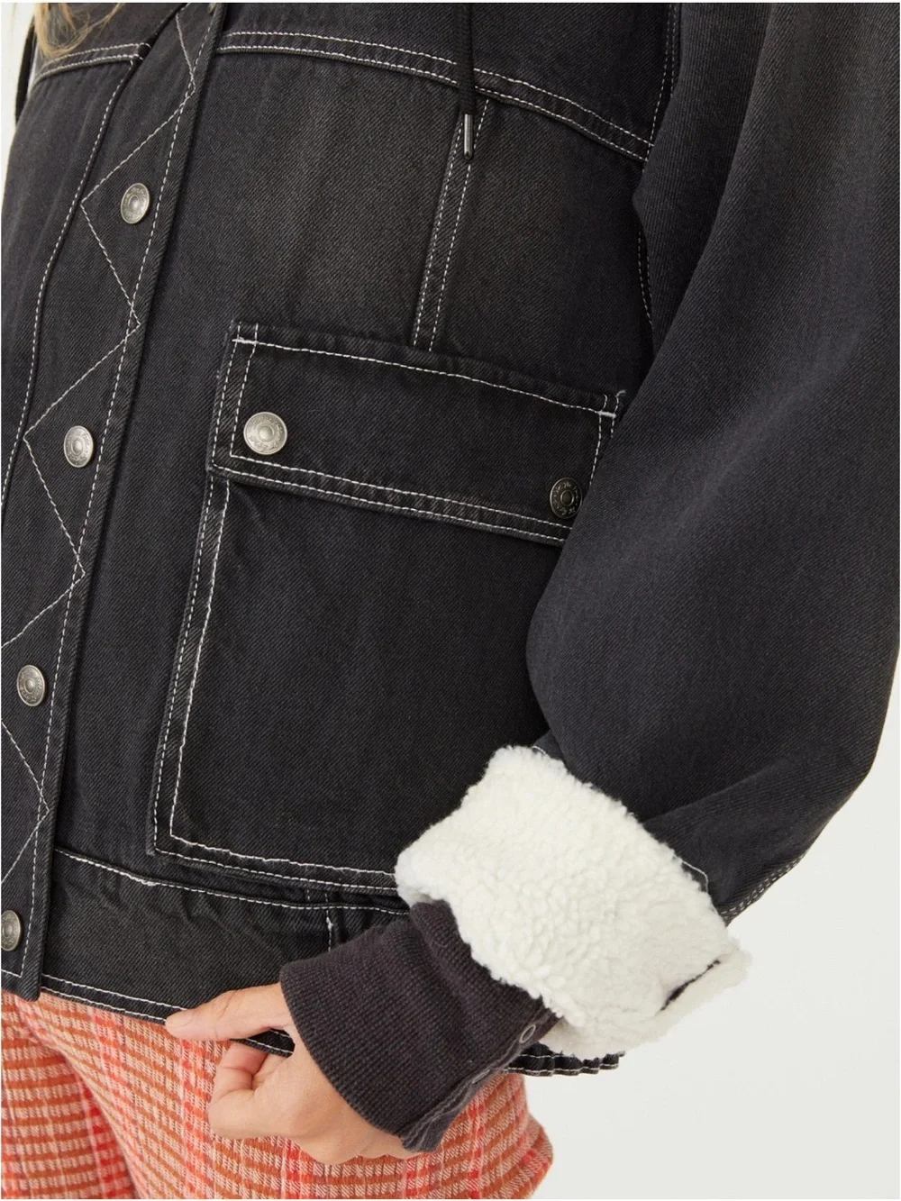 Free People Ariel Cozy Sherpa Accent Oversized Denim Bomber Jacket Washed Black